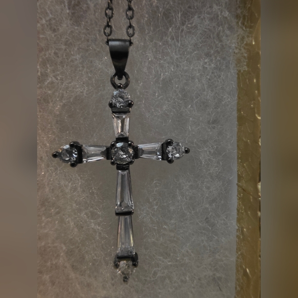 Oxidized Sterling Silver Cross Pendant Necklace With Cubic Zirconia Adjustable - Picture 1 of 5